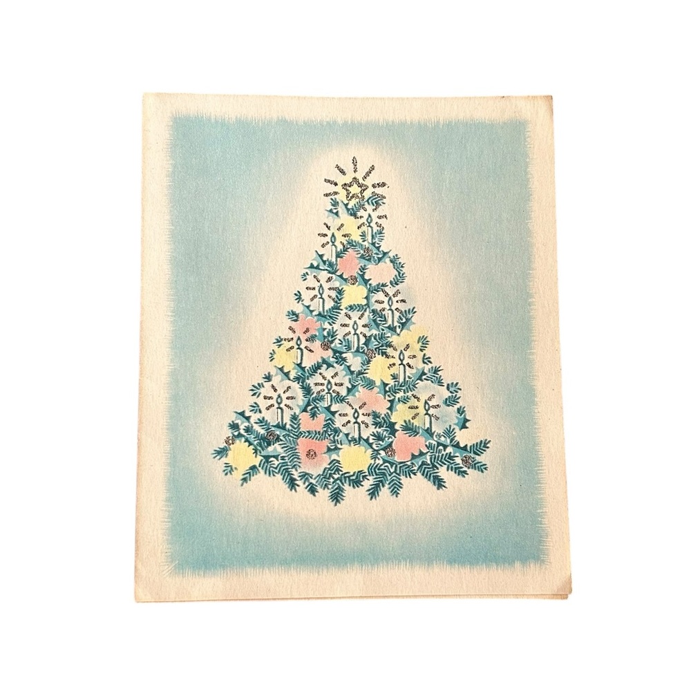 SALE VTG 40s 50s Rynart Card Watercolor Christmas Tree Retro Art MCM Ephemera